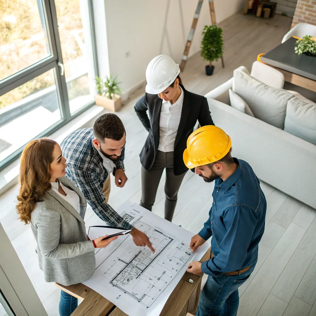 Team of professionals discussing an apartment renovation project